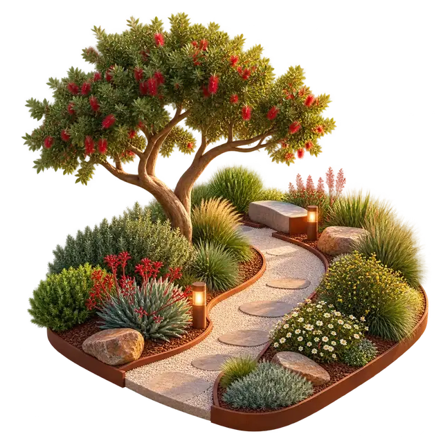 Purva Anekal landscaped garden with shaded paths, layered planting and shared seating
