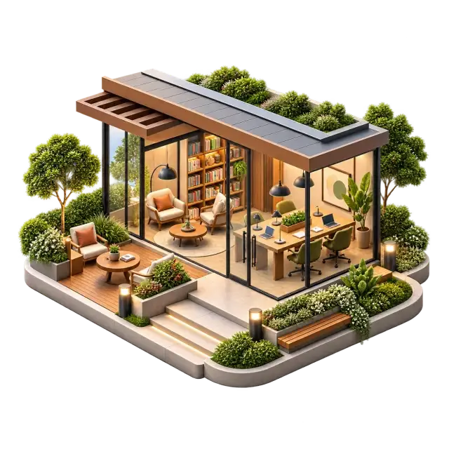 Purva Anekal reading and shared-work lounge with desks, bookshelves and seating