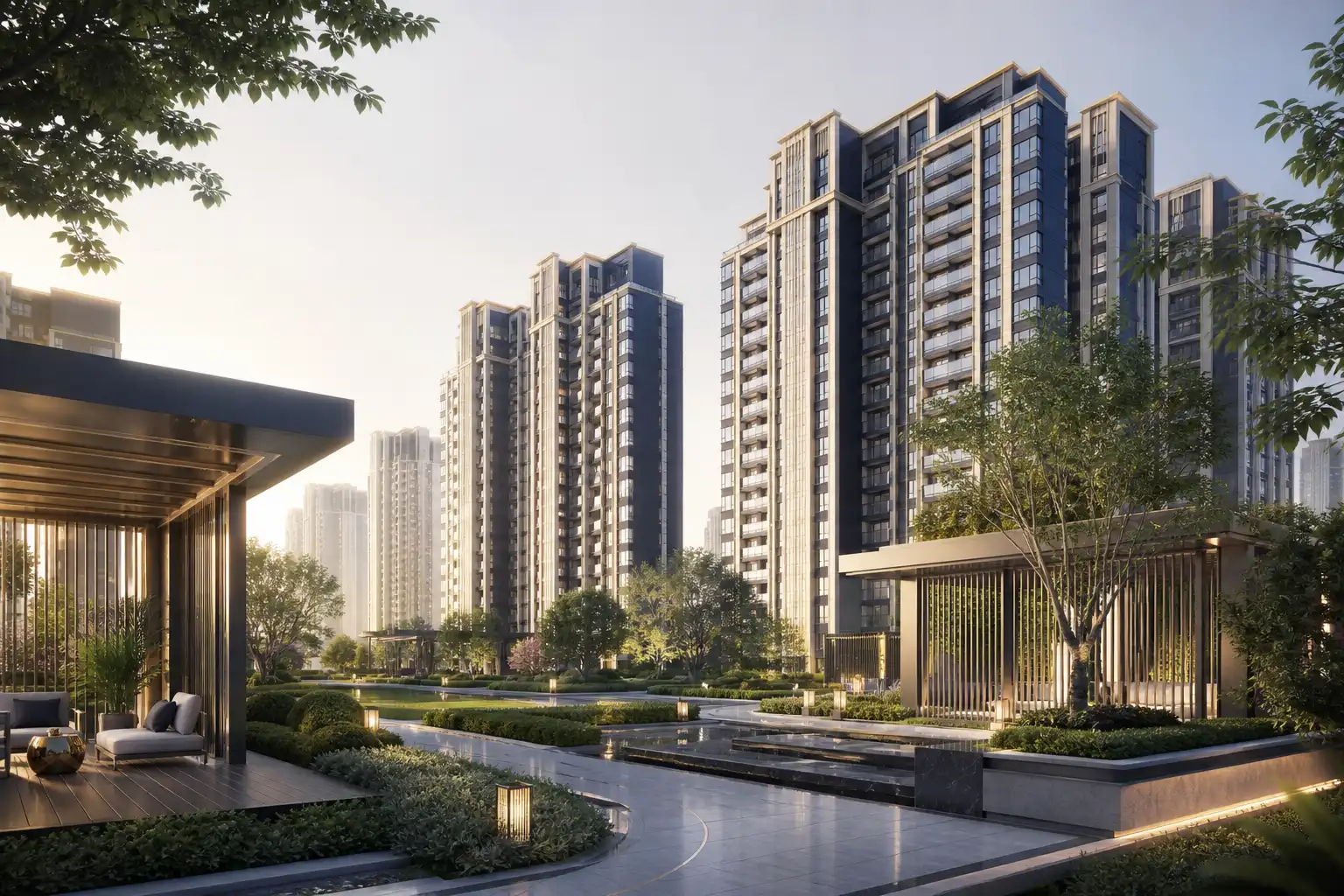 layout-based navy-and-ivory high-rise residential composition with landscaped foreground